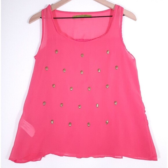 Rapsodia Layered Pink Mesh Tank with Gold Skull Medallions Ruffled Back X-Small - Picture 7 of 15
